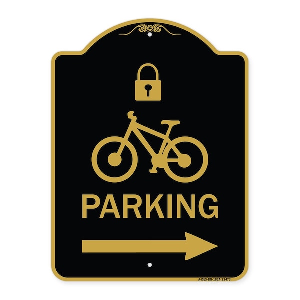 Signmission Parking W/ Lock Cycle & Right Arrow, Black & Gold Aluminum Sign, 18" x 24", BG-1824-23473 A-DES-BG-1824-23473 - main